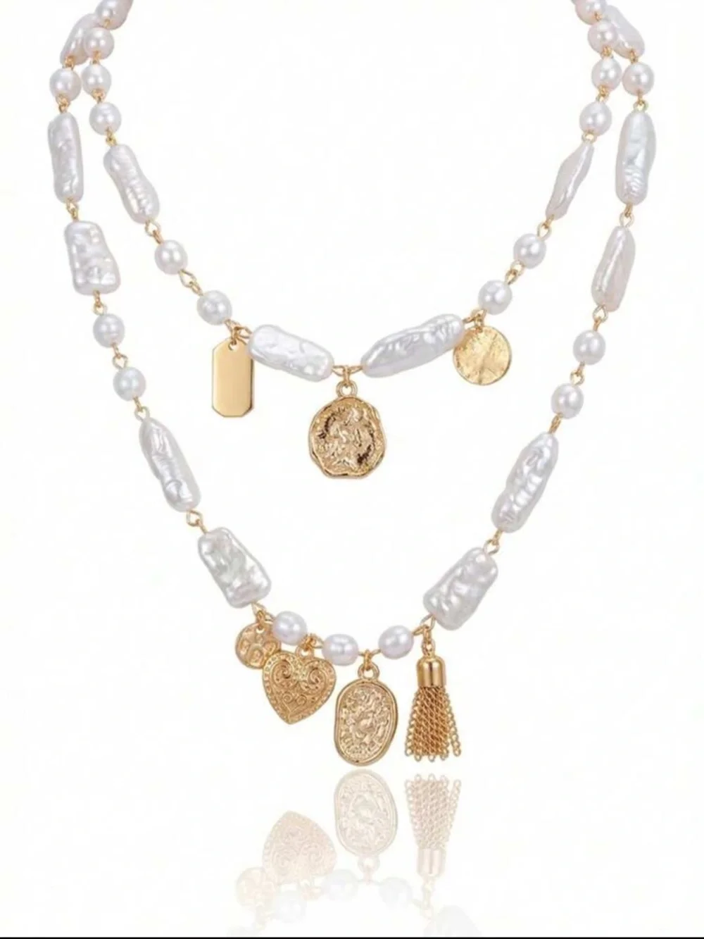 New White Baroque Vegan Pearl Layered Necklace with Gold Charms - Picture 2 of 2